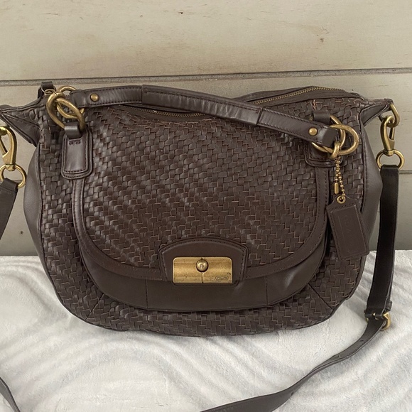 Coach Handbags - Coach Brown Woven Leather Kristin bag with Gold-tone Hardware